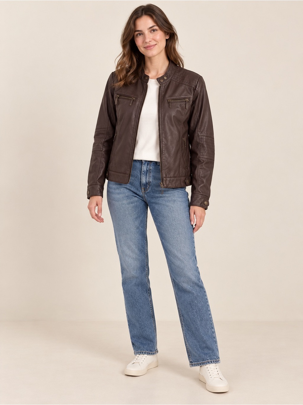 Jou Jou Brown Faux Leather Moto Jacket Zip Pockets Size XS